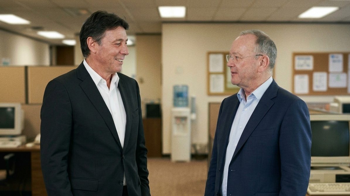 Two men in suits talking in an office with 1980s computers