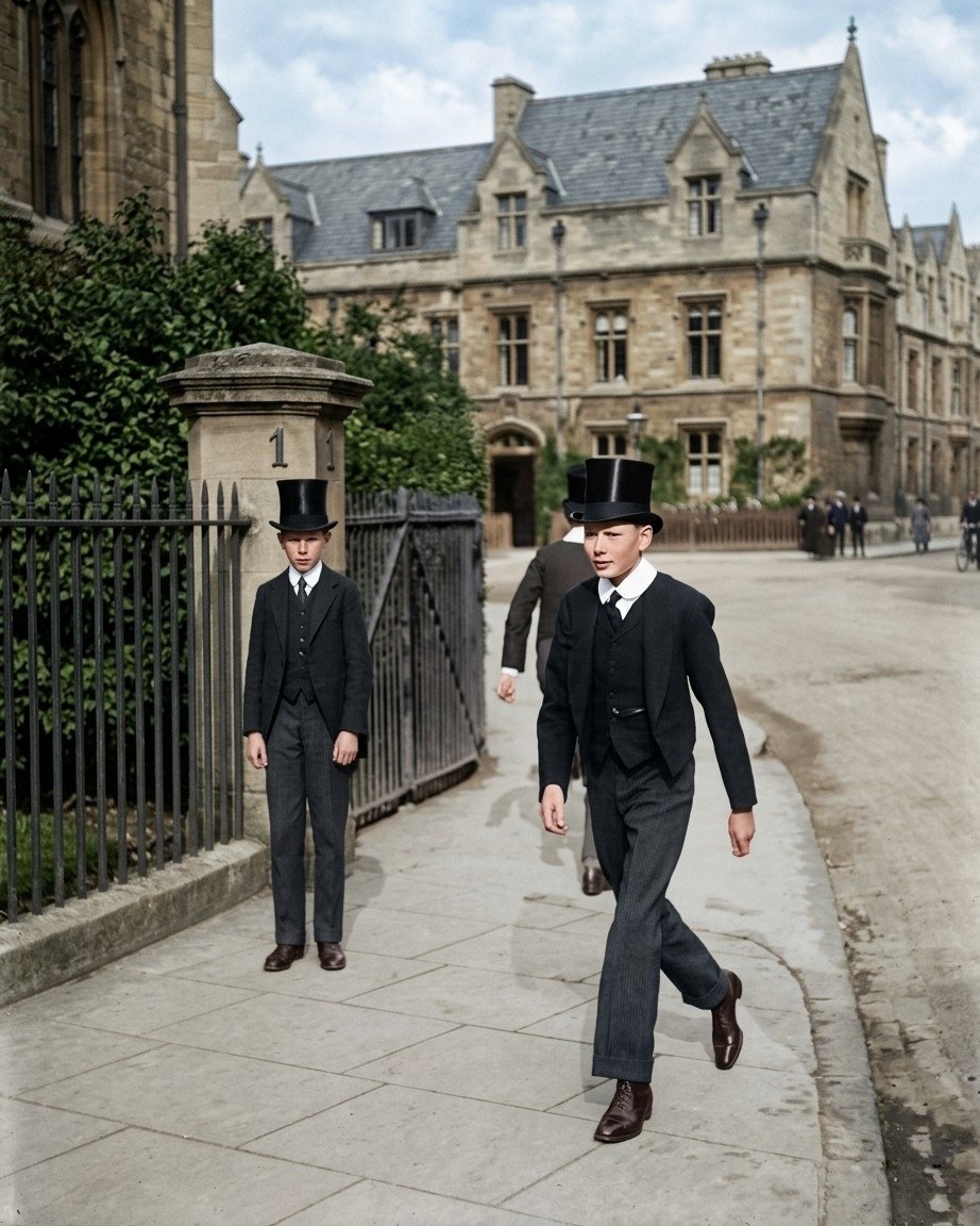 Two boys in Eton dress and top hats on the pavement outside the school in 1914, in a colourised photograph