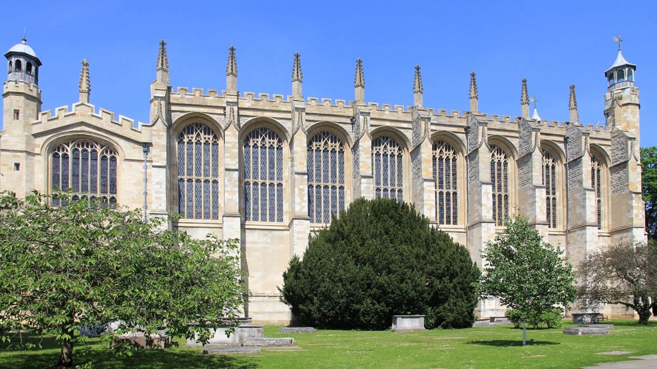 Eton College Chapel, the fifteenth-century chapel of Eton College in Berkshire, seen across its lawn on a clear day