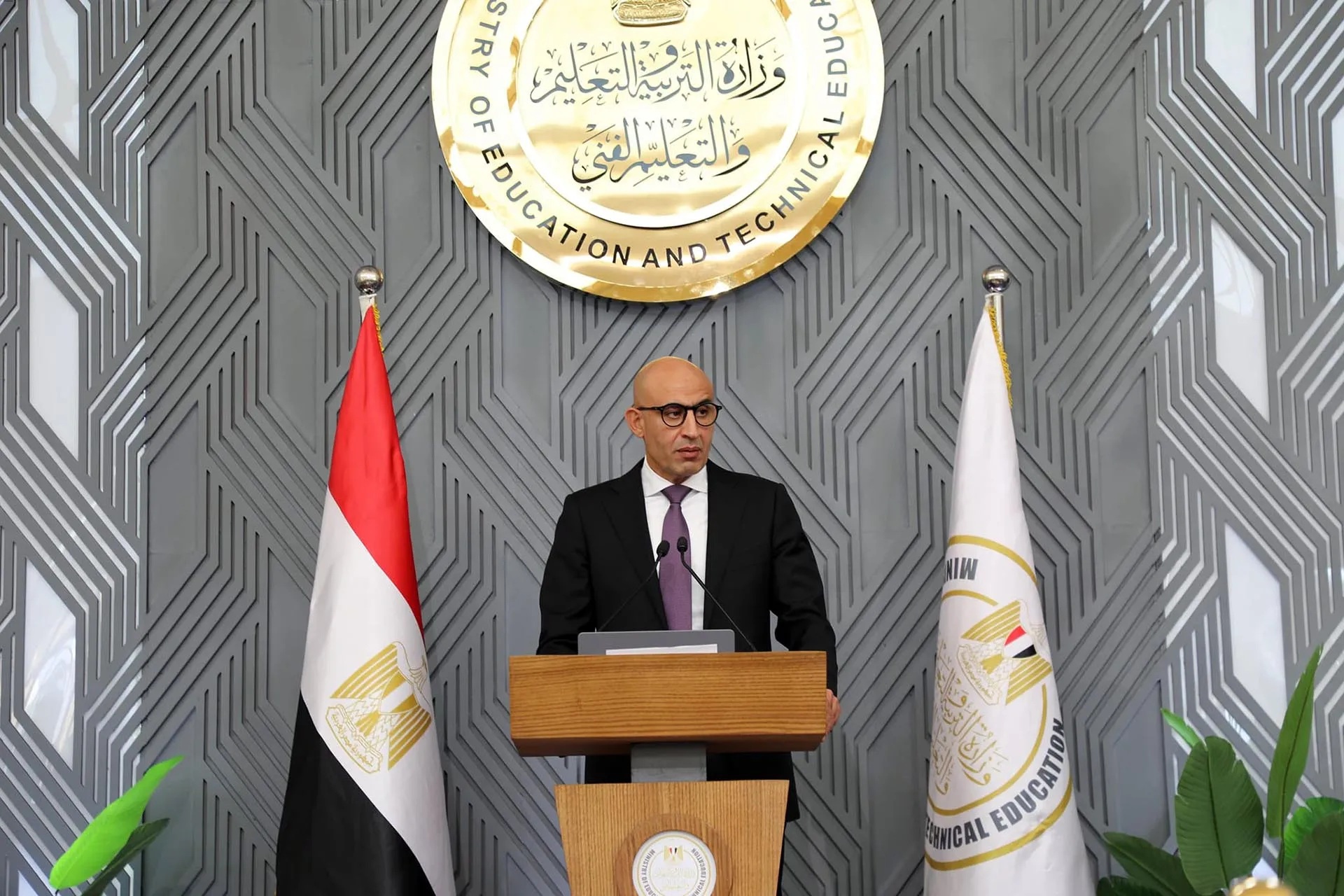 A man in a dark suit and glasses speaks at a wooden podium between an Egyptian flag and a ministry flag.