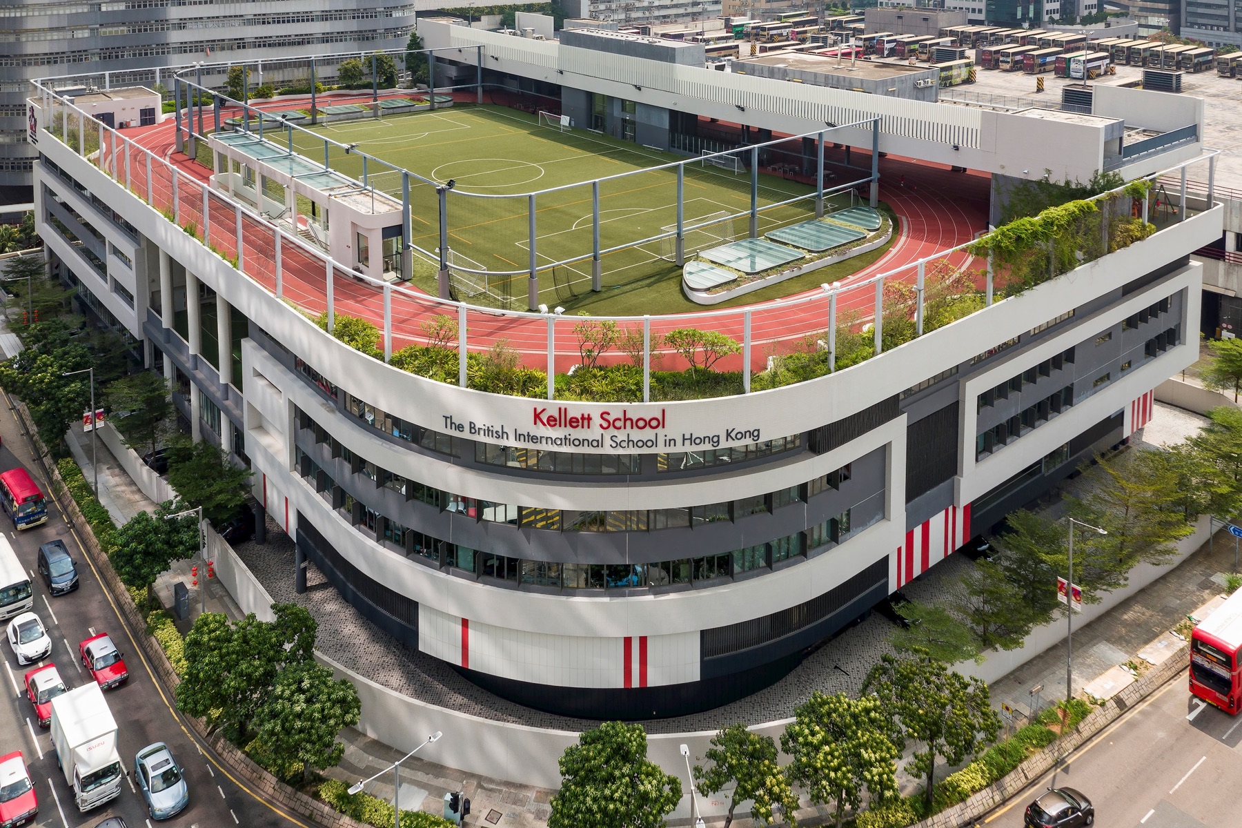 Kellett School's Kowloon Bay campus with its rooftop pitch and track